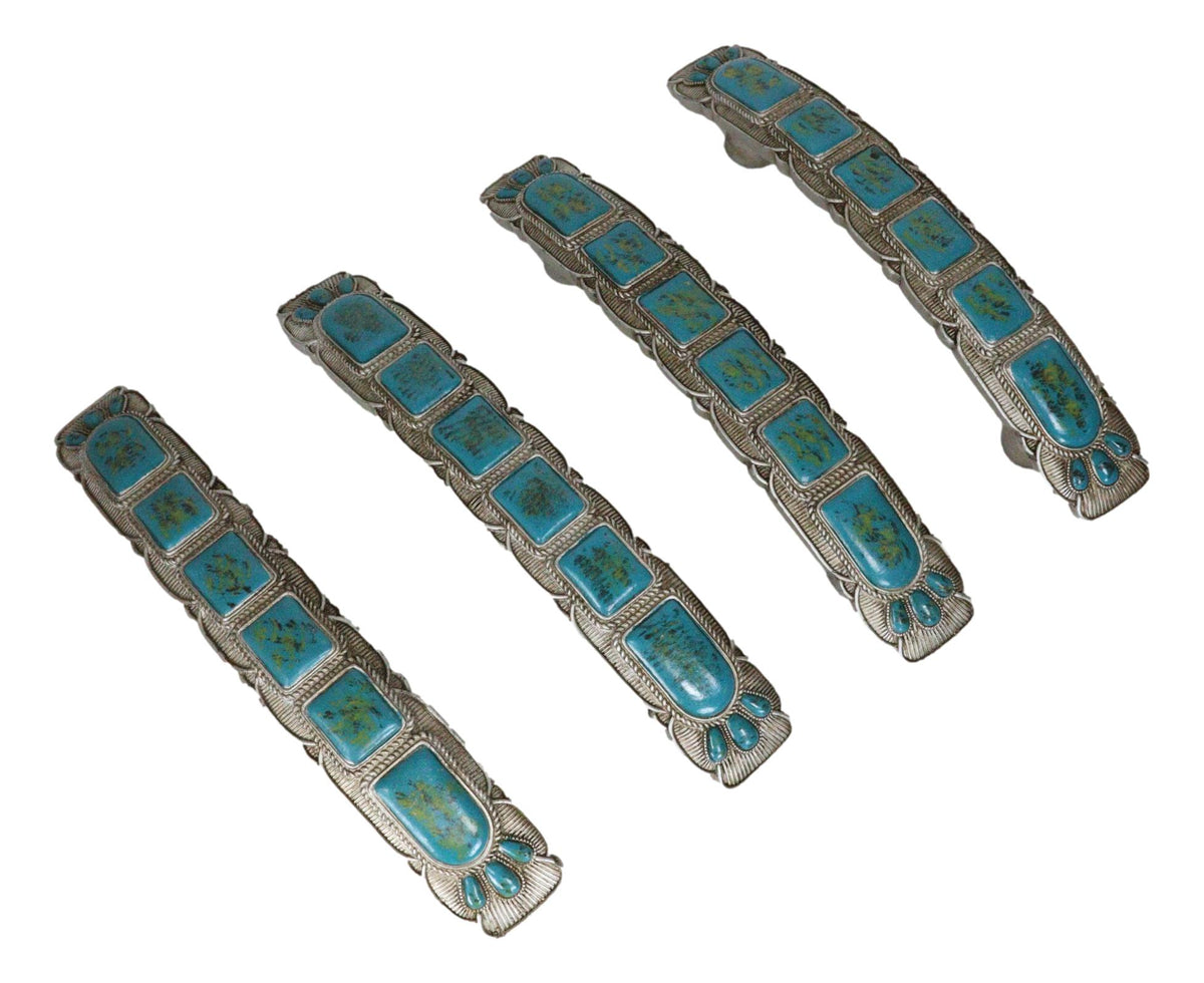 Set Of 4 Rustic Western Silver Turquoise Boho Drawer Cabinet Door Bar Pulls - Ebros Gift