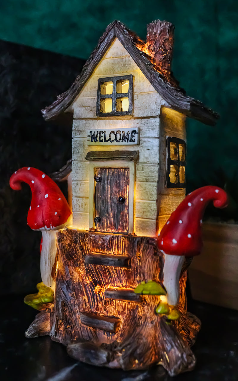 Fairy Garden LED Light Up Cottage Tree House With Toadstool Mushrooms Figurine