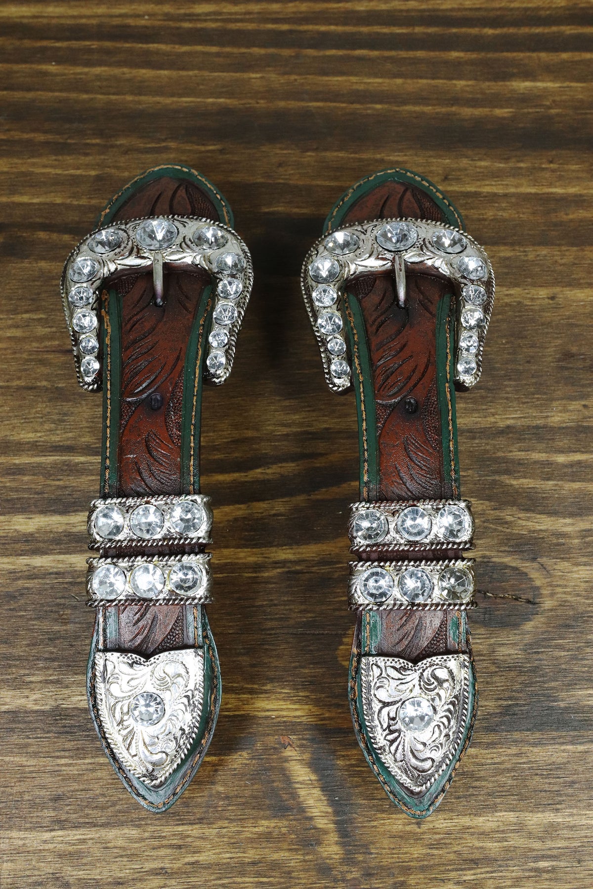 Set Of 2 Western Faux Tooled Leather Bling Belt Buckle Drawer Cabinet Bar Pulls