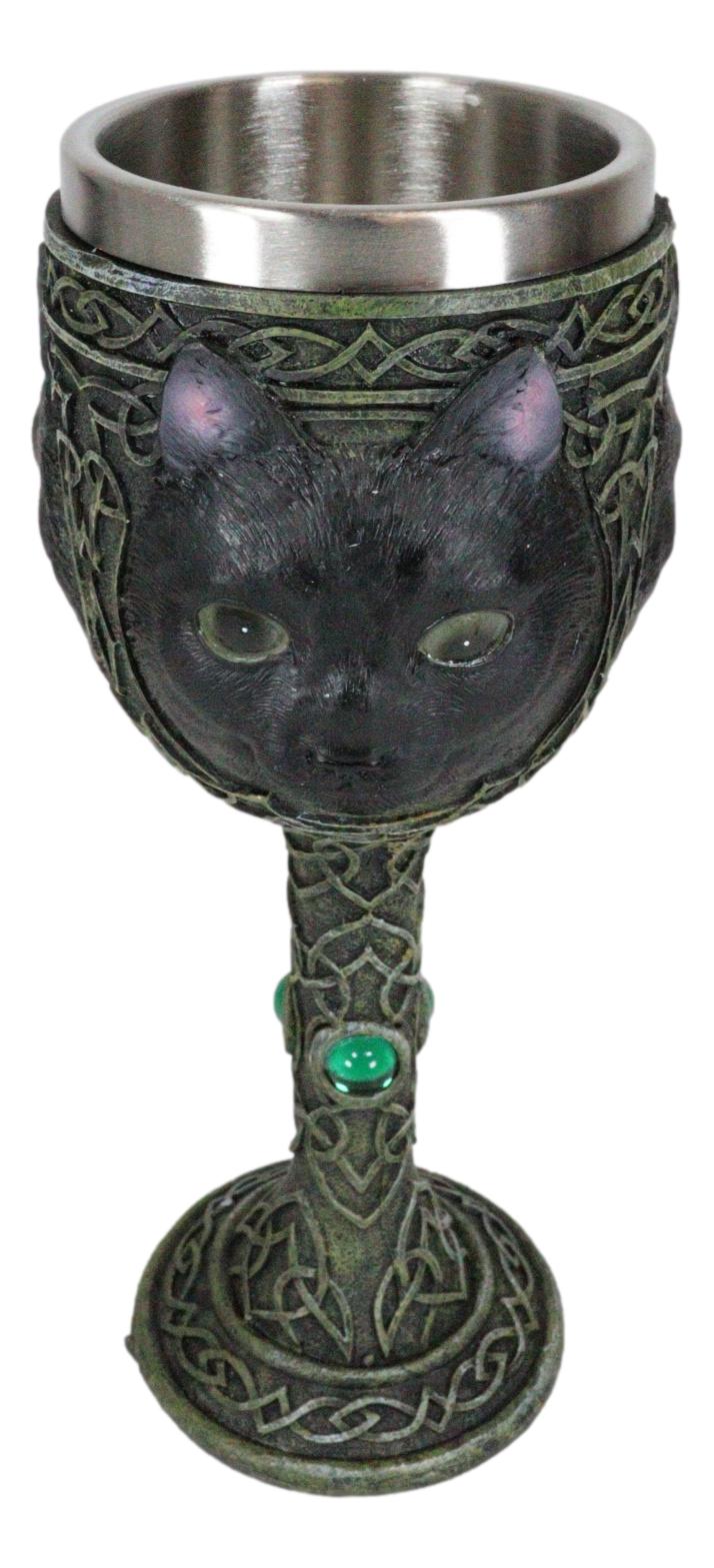 Ebros Wicca Mystical Witching Hour Black Cat Wine Goblet 7oz Cats Celtic Chalice Cup