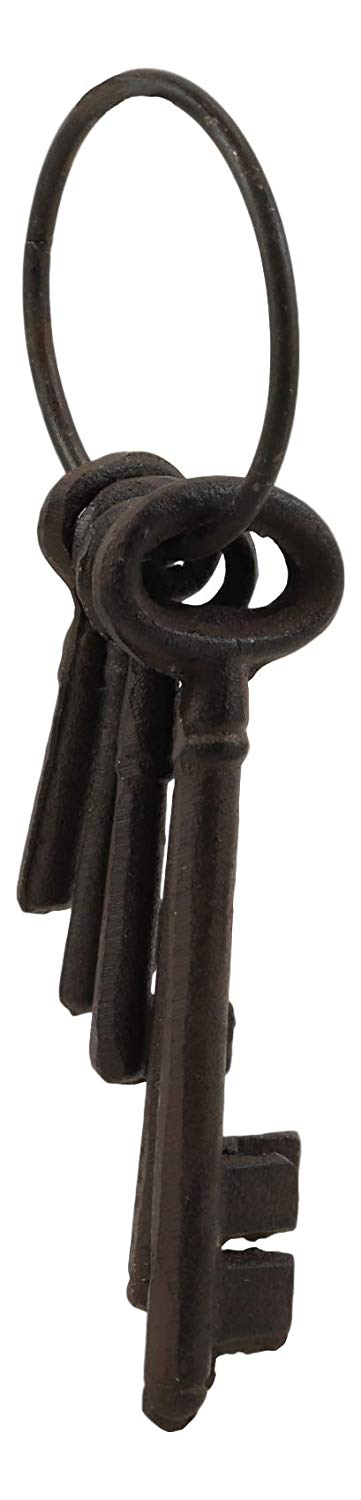 Ebros Gift Realistic Vintage Antique Design Cast Iron Jailor Keys Set of 5 in Different Sizes and Style On Ring Old World Halloween Costume Prop Pirate Skeleton Ship Jail Key Pack
