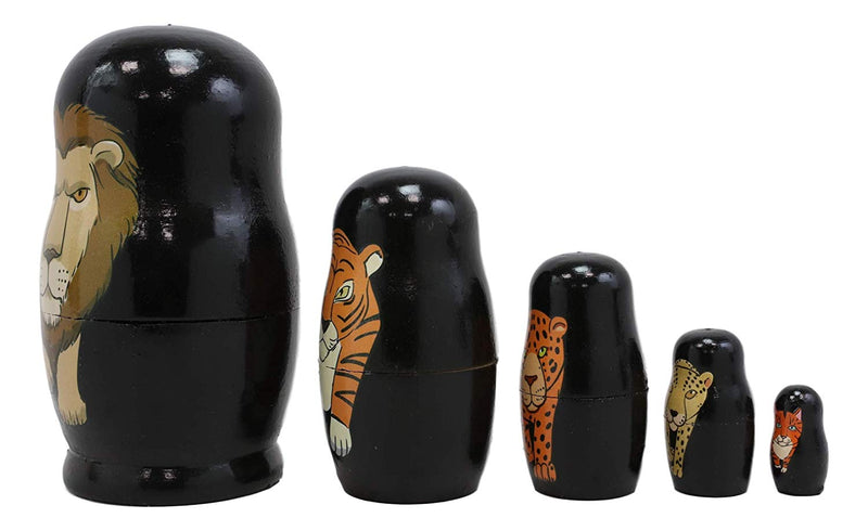 Ebros Gift Black Safari Jungle Animals Cats Lion Tiger Cheetah Jaguar Tabby Cat Wooden Toy Stacking Nesting Dolls 5 Piece Set Hand Painted Wood Decorative Collectible Matryoshka Doll Toys