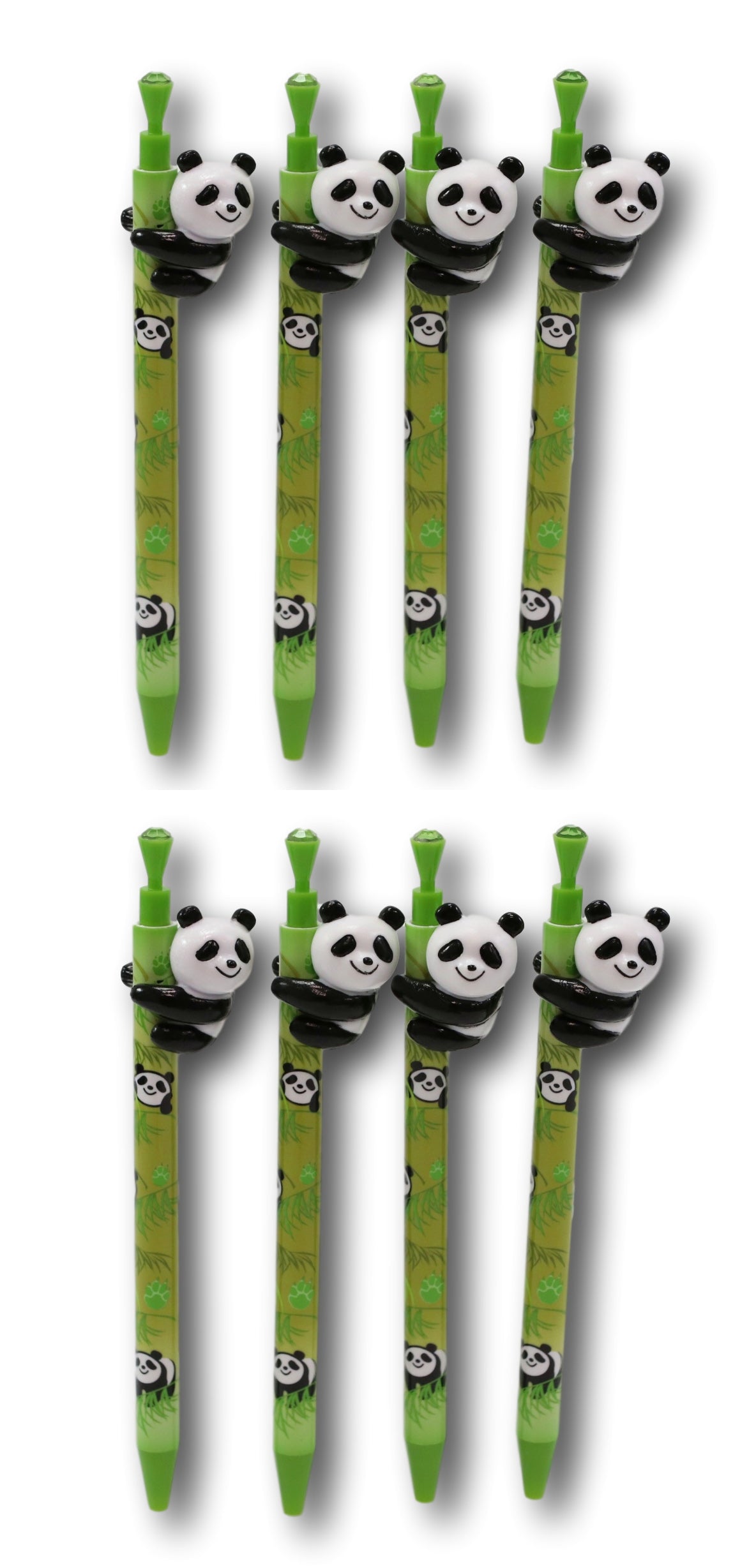 Pack Of 8 Panda Bear Cub Climbing On Bamboo Green Ballpoint Ball Black Ink Pens - Ebros Gift