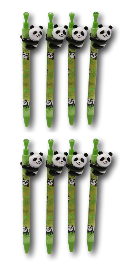 Pack Of 8 Panda Bear Cub Climbing On Bamboo Green Ballpoint Ball Black Ink Pens - Ebros Gift