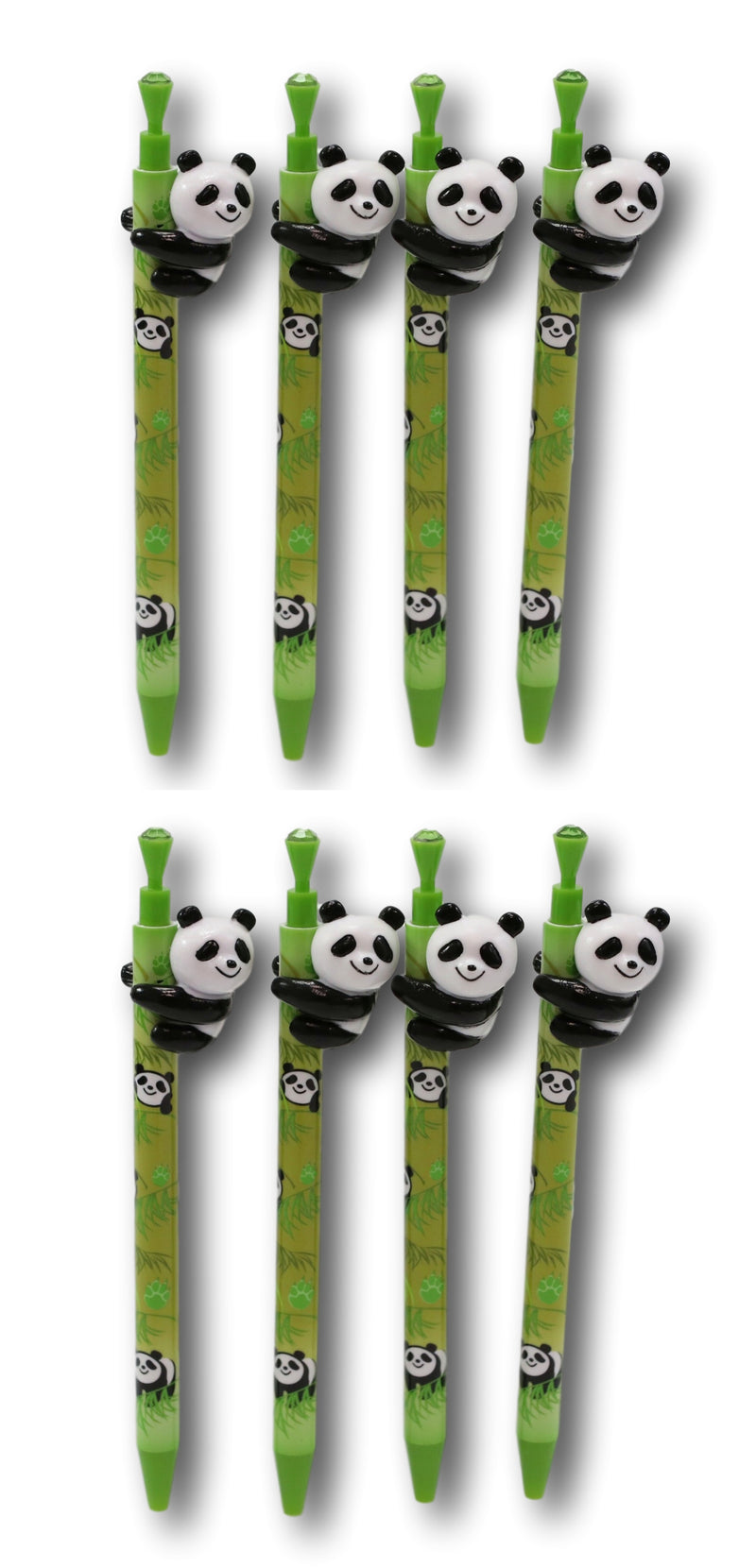 Pack Of 8 Panda Bear Cub Climbing On Bamboo Green Ballpoint Ball Black Ink Pens