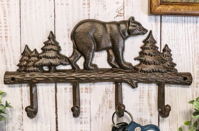 Cast Iron Rustic Forest Black Bear By Pine Trees Forest 4-Pegs Wall Coat Hooks