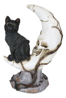 Witching Hour Halloween Black Cat Sitting On Crescent Moon Skull Figurine