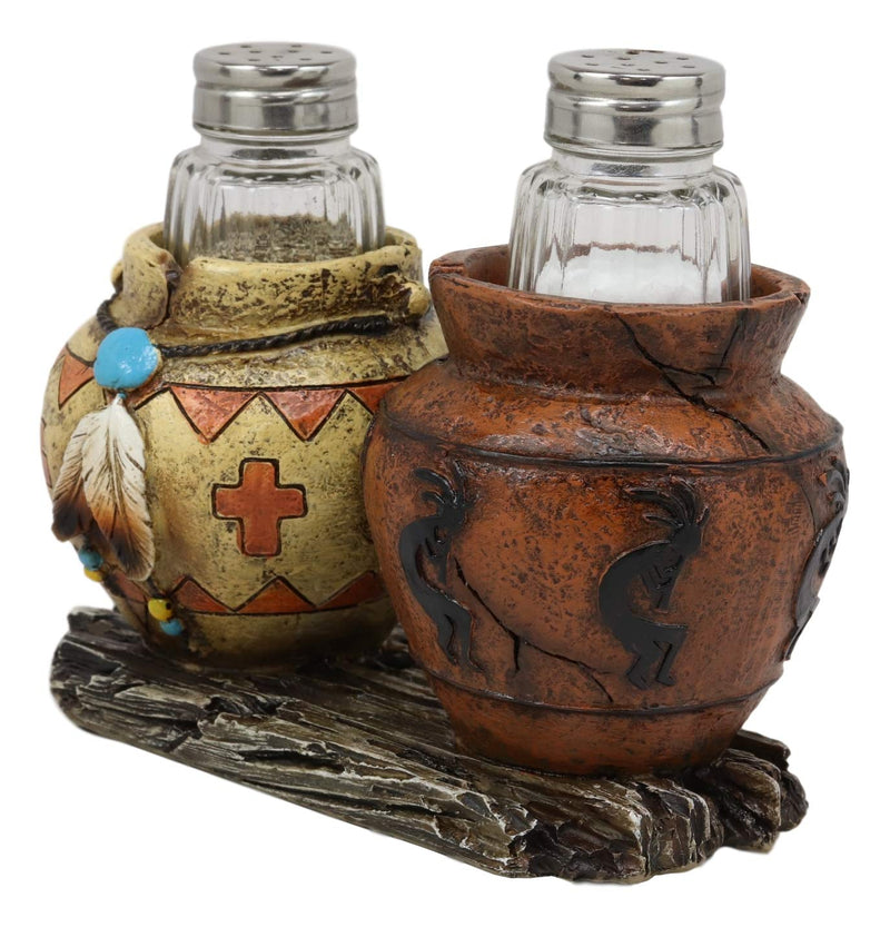 Ebros Gift Southwestern Native American Indian Hopi Kokopelli God and Turquoise Feathers Canister Jars Glass Salt and Pepper Shakers Holder Figurine Set 6.25" Wide Decorative Home and Kitchen Accent