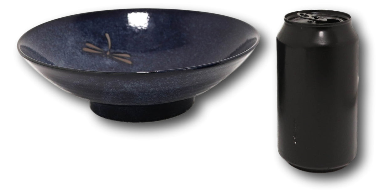 Japanese Blue Dragonfly Pasta Salad Soup Rice Ceramic Shallow Bowls Set of 3 - Ebros Gift