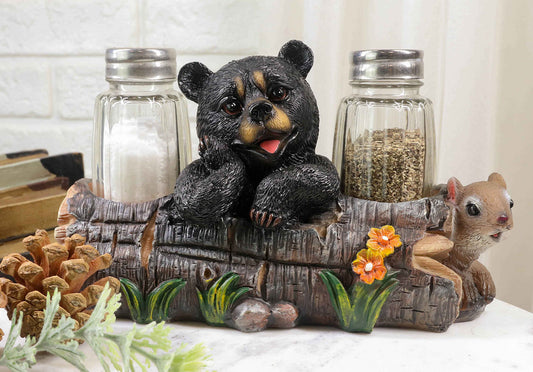 Baby Bear Cub Sitting In Log With Squirrel Salt And Pepper Shakers Holder Statue - Ebros Gift