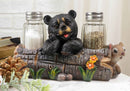 Baby Bear Cub Sitting In Log With Squirrel Salt And Pepper Shakers Holder Statue