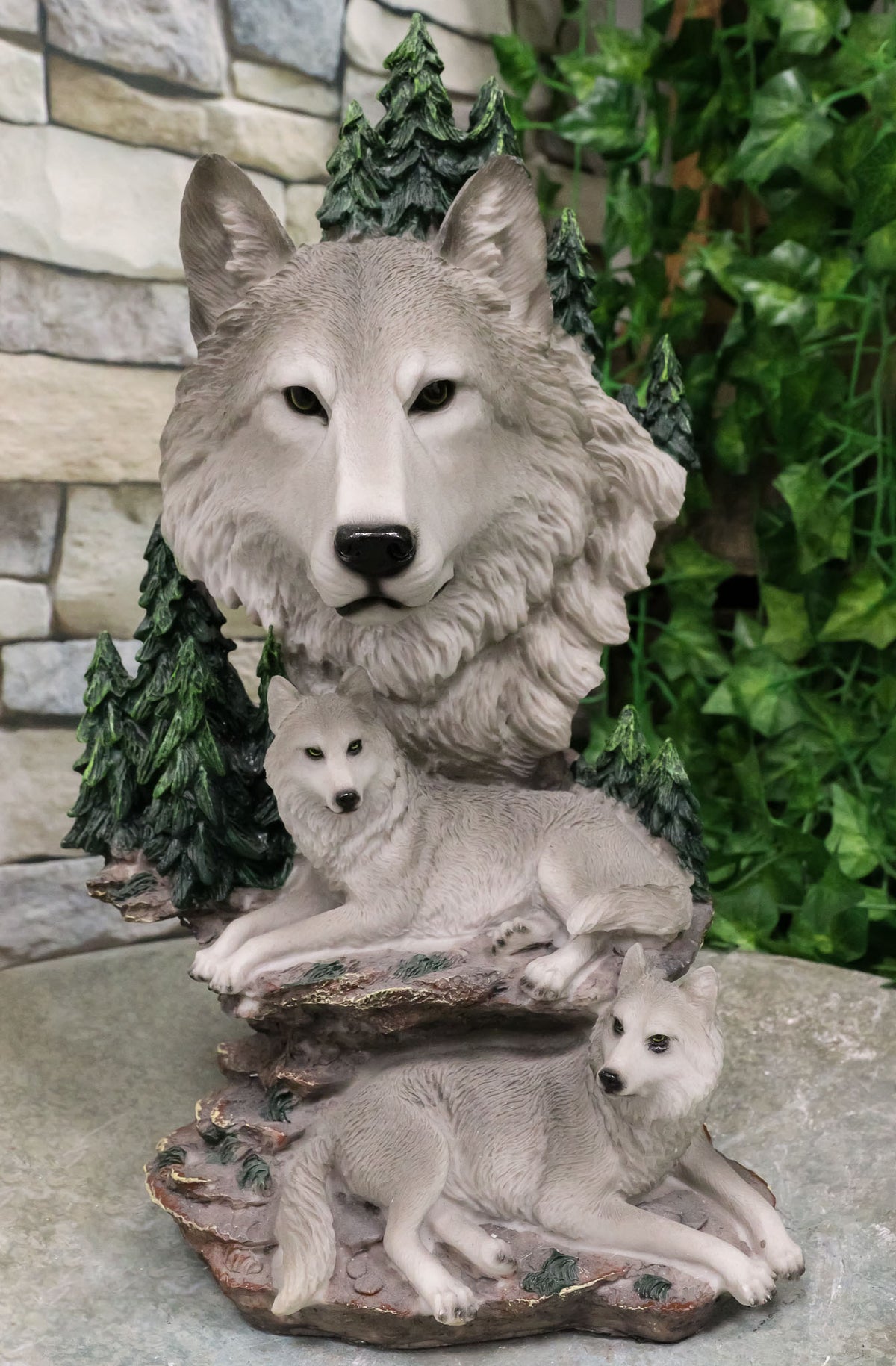 Mountain Scenery Gray Wolf Family Statue Timber Wolf Pack On Rocks 13"H Figurine
