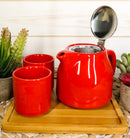 Ebros Bright Red Contemporary Ceramic 20oz Tea Pot With 2 Cups And Bamboo Tray Set