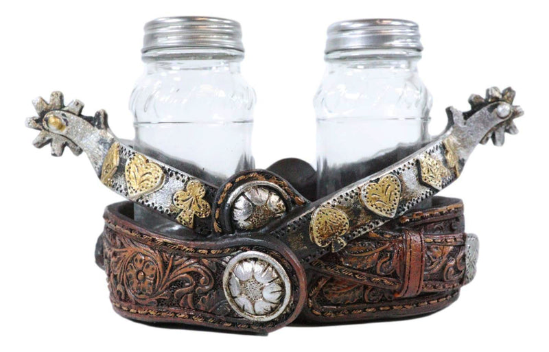 Western Cowboy Double Boot Spurs With Faux Leather Salt Pepper Shakers Holder