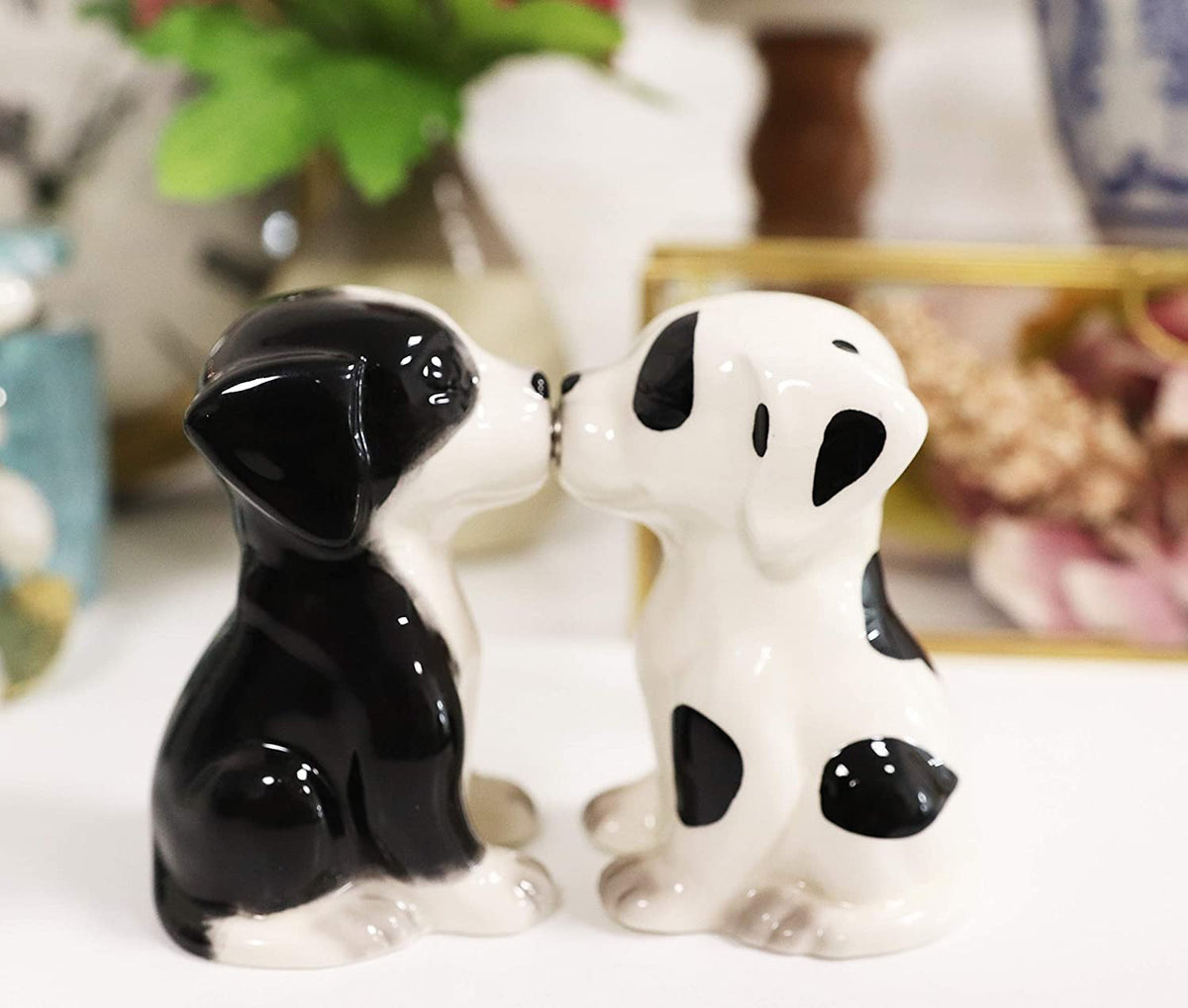 Ebros Ceramic Black & White Mutt Puppy Dogs Kissing Salt And Pepper Shakers Set