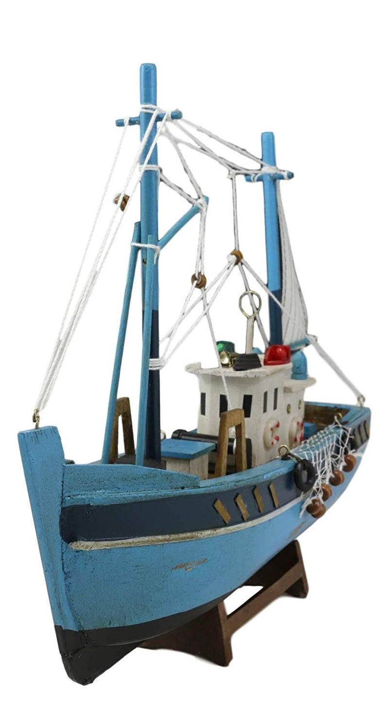 Ebros 12 L Blue Wooden Fishing Boat Model with Wood Base Stand Figure
