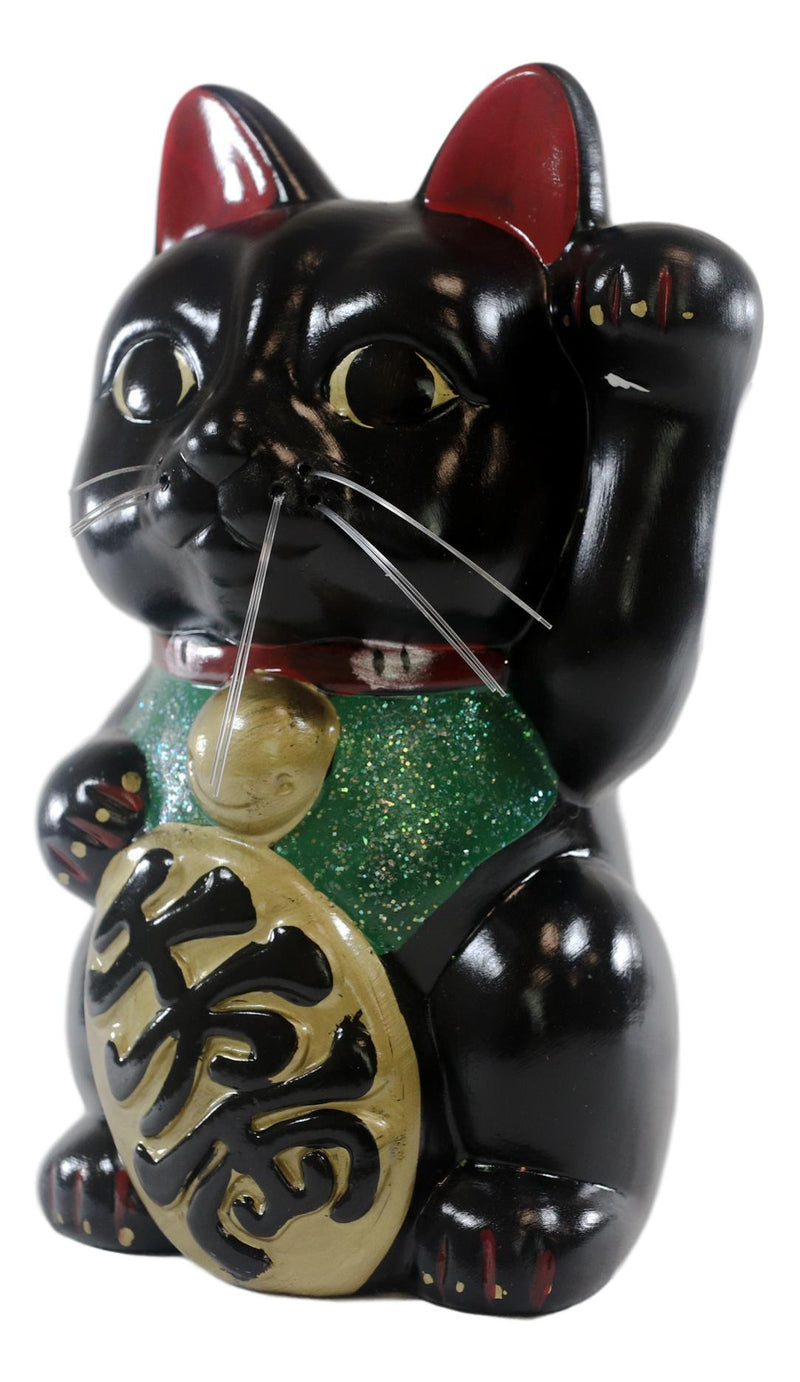 Japanese Lucky Charm Black Beckoning Cat Maneki Neko Money Bank Figurine 8.5"H