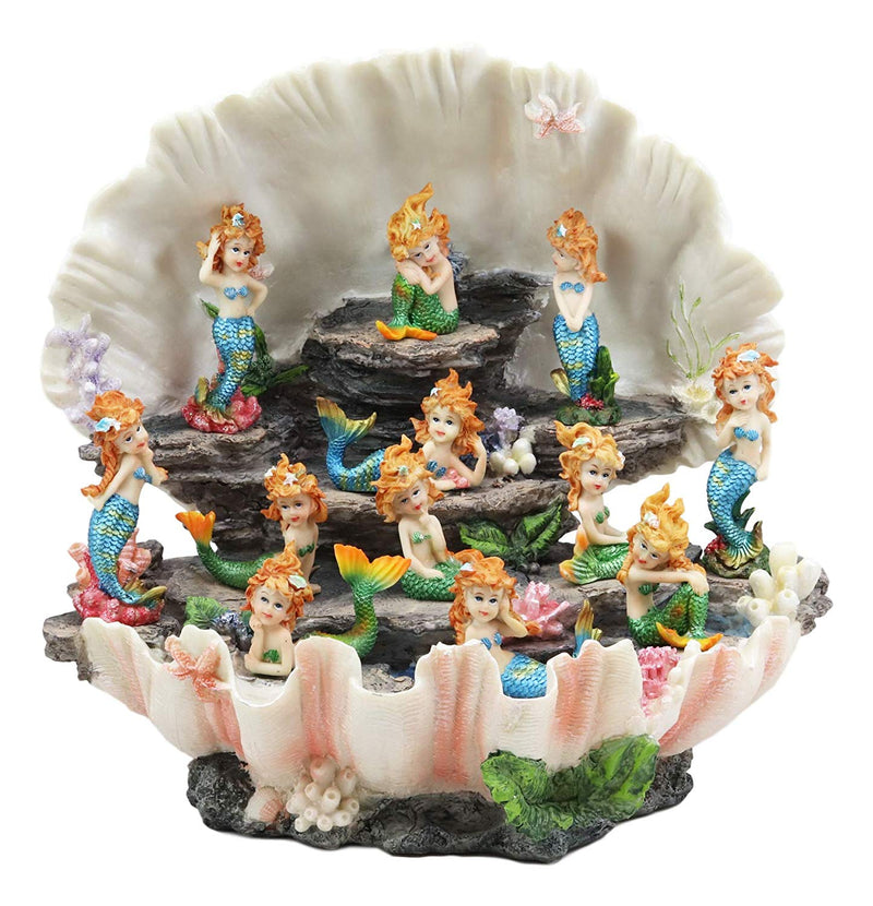 Ebros 12.25" Wide Colorful Nautical Ocean Giant Clam Shell of The Coral Reefs Display Stand with 12 Miniature Mergirls Figurine Set Fantasy Mergirl Mermaids - Ebros Gift