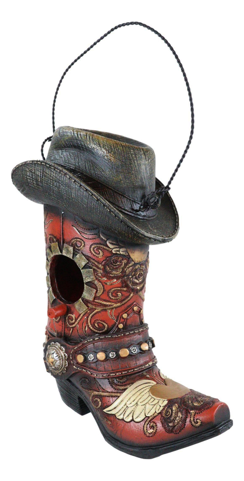 Pack Of 2 Western Red And Black Floral Cowboy Boots Birdhouse Bird Feeder Hanger