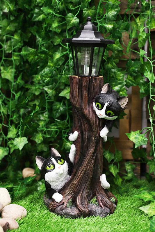 Black Kitten Cats by Garden Tree Outpost Statue With Solar LED Lantern Light - Ebros Gift