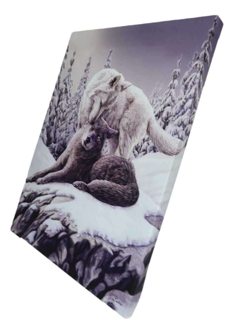 Frozen Tundra Wildlife Snow Kisses Wolf Couple Wood Framed Canvas Wall Decor