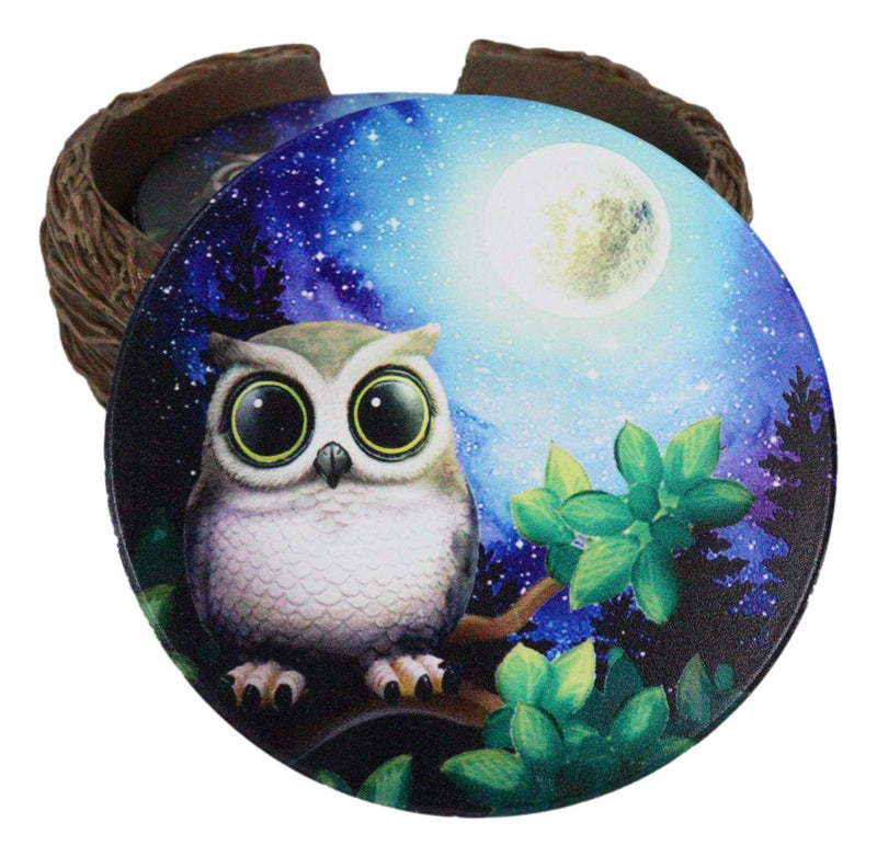 Wide Eyed Owl Perching On Tree Branch by Full Moon Starry Night Coaster Set