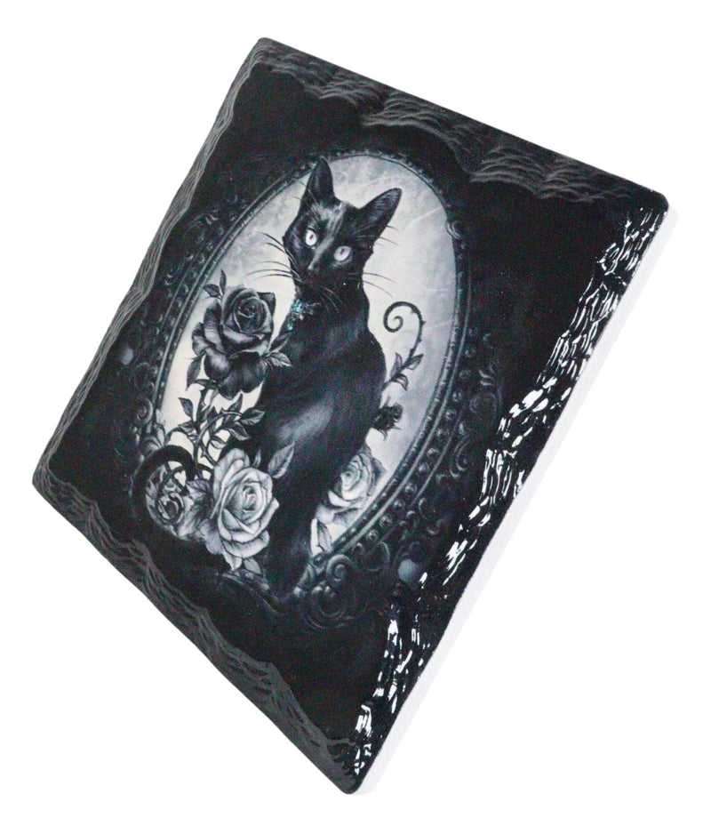 Ebros Witching Hour Feline Black Cat Roses Cork Backed Ceramic Coasters Set of 4