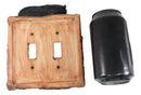 Set of 2 Rustic Faux Tree Bark With Black Bear Double Toggle Wall Switch Plates