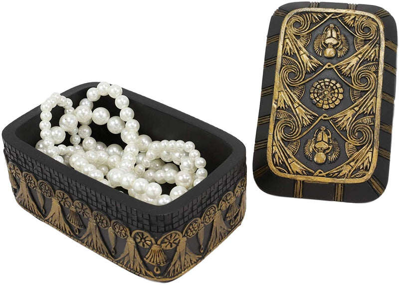 Ebros Black and Gold Cartouche Amulet Scarab Beetles Decorative Trinket Box