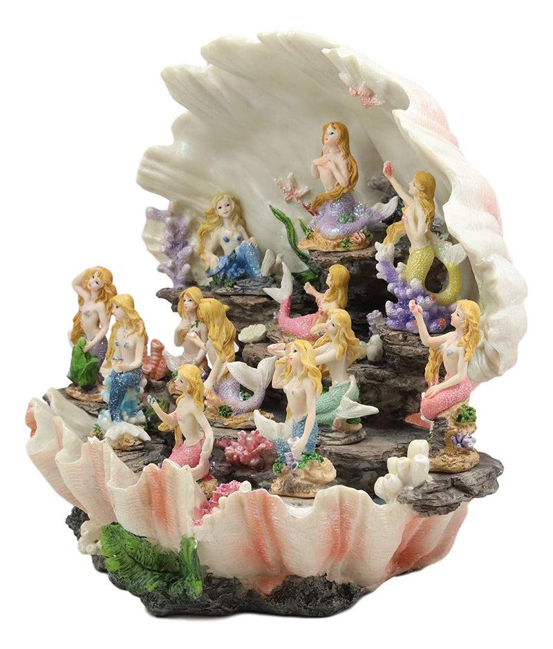 Ebros 12.25" Wide Colorful Nautical Ocean Giant Clam Shell of The Coral Reefs Display Stand with 12 Miniature Mermaids Figurine Set Fantasy Mermaid Mergirls - Ebros Gift