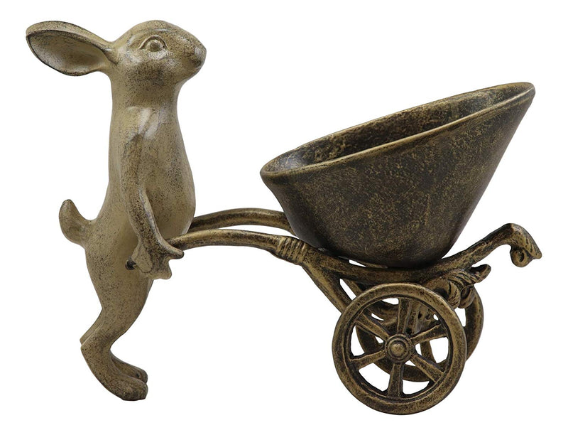 Ebros Gift 12" Long Aluminum Rustic Whimsical Bunny Rabbit Pushing Wheelbarrow Cart Flowers Or Plants Planter Garden Statue Or As Wine Bottle Holder Valet Decorative Rabbits Accent Decor