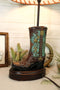 Western Tooled Turquoise Cowboy Boot Hand Painted Desktop Table Lamp With Shade