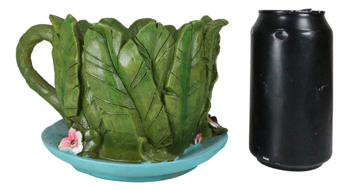 Fairy Garden Leaf Foliage Teacup House With Purple Door Floral Planter Vase - Ebros Gift