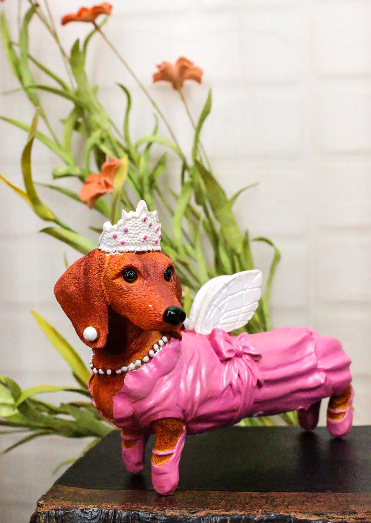 Ebros Doxie Collection Pink Fairy Godmother Winged Tiara Dachshund Dog Figurine 6"L