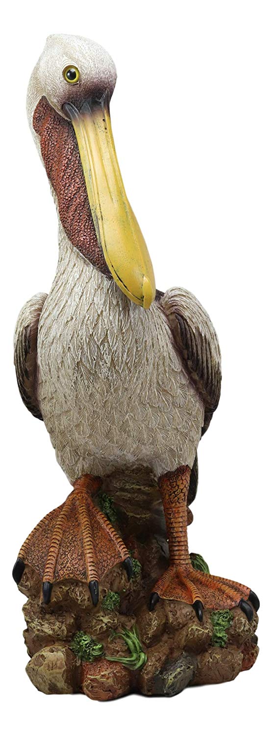 14.25"H Large Ocean Marine Beach Coastal Brown Pelican Standing On Rocks Statue