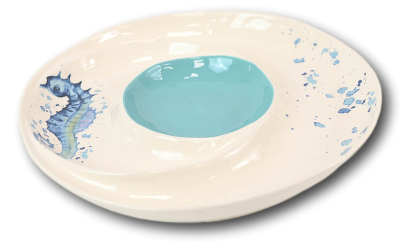 Nautical Blue White Seahorse Ceramic Chips Salsa Family Serving Platter Plate