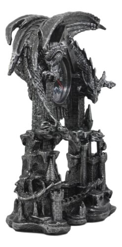Large Gothic Smaug Dragon Overlord Guarding Castle Pendulum Table Clock Statue