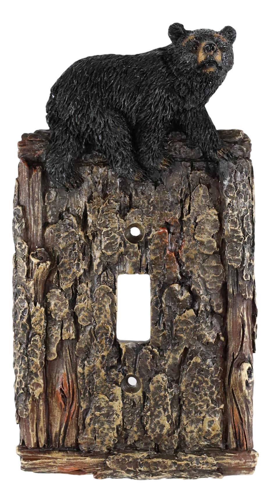 Set of 2 Rustic Faux Tree Bark With Black Bear Single Toggle Wall Switch Plates