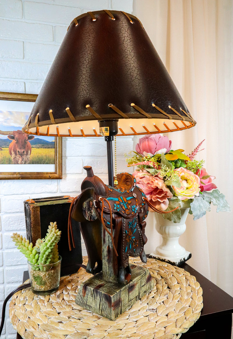 Western Cowboy Faux Tooled Leather Turquoise Art Horse Saddle Table Lamp Decor