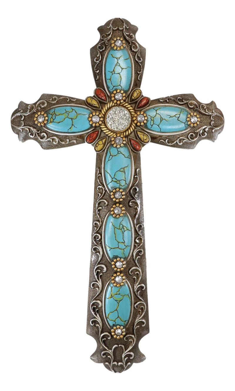 18"H Rustic Western Scroll Lace Wall Cross With Crystals & Turquoise Gemstones