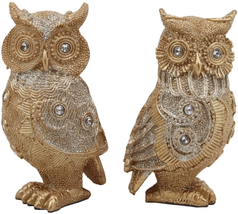 Ebros 4.75" Tall Royal Golden Owl Couple with Glitter Crystals Lace Design Figurine Set of 2 Wisdom of The Woods Wise Great Horned Owl Collectible Statue Accent Decor of Owls Theme - Ebros Gift