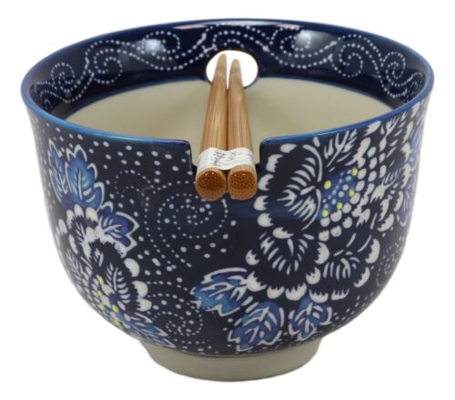Shades Of Blue Daisy Floral Breeze Porcelain Ramen Soup Bowl With Chopsticks Set