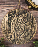 A Brush with Magick Feline Cat With Broomstick Terracotta Medallion Wall Decor