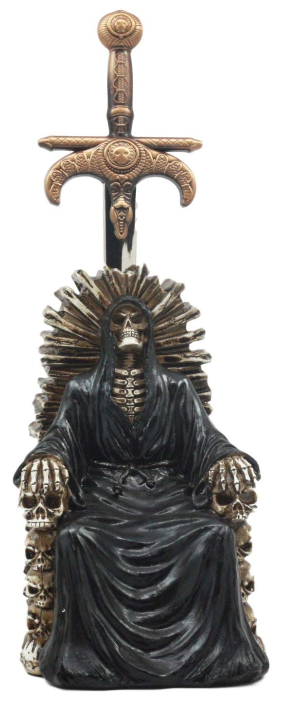 Ebros Legend Of The Swords Night King Grim Reaper Seated On Ossuary Skulls Throne Letter Opener Statue With Blade Of Ragnarok Sword 8.25"Tall For Study And Office Desktop Decor Statue