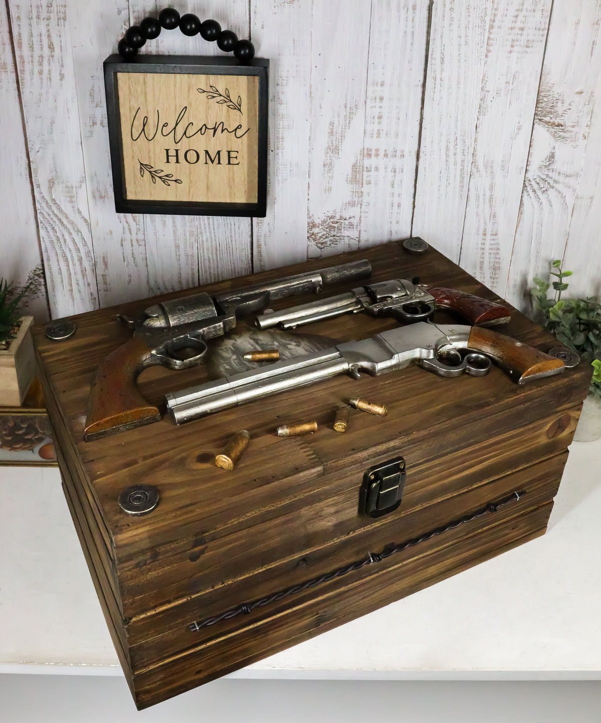 Large Western Six Shooter Pistol Guns Ammo Bullets Decorative Wooden Box 15"L