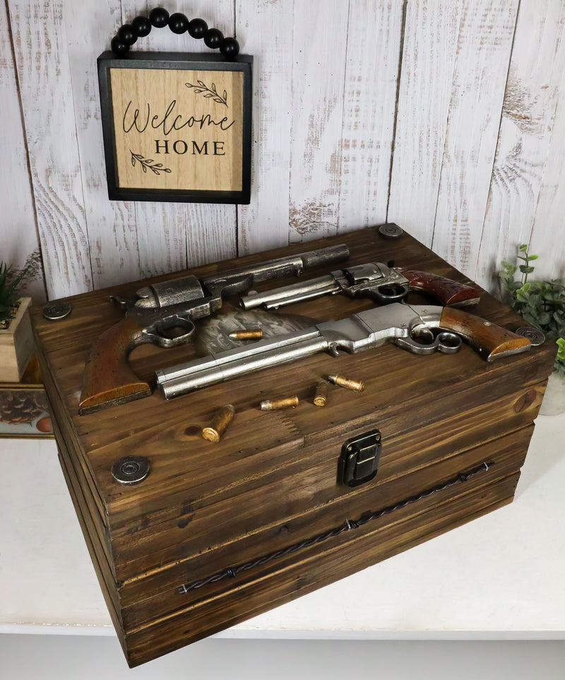 Large Western Six Shooter Pistol Guns Ammo Bullets Decorative Wooden Box 15"L
