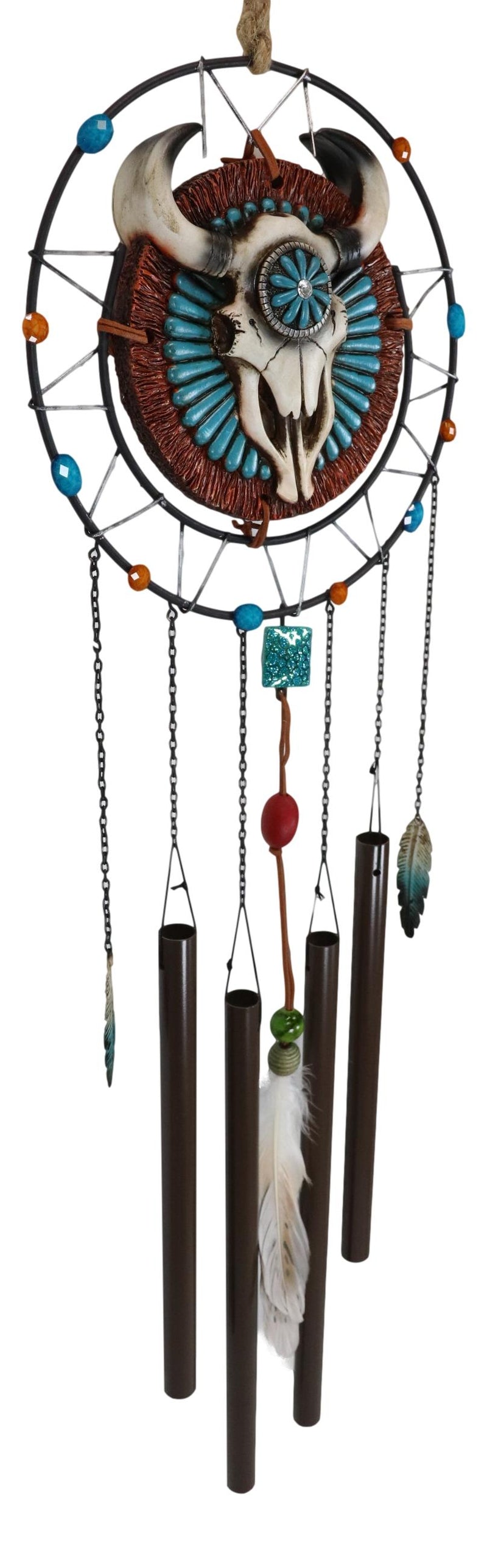 Southwest Tribal Indian Boho Chic Cow Skull Dreamcatcher Feather Wind Chime