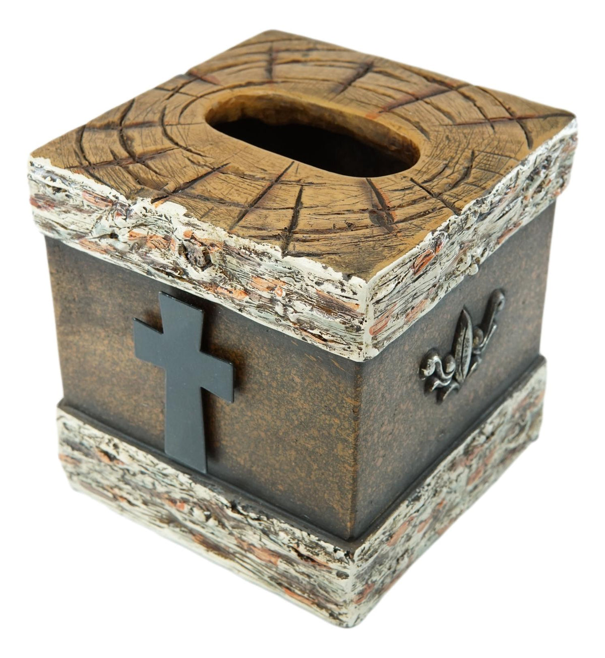 Rustic Western Fleur De Lis Cross With Birchwood Accent Tissue Box Holder Case