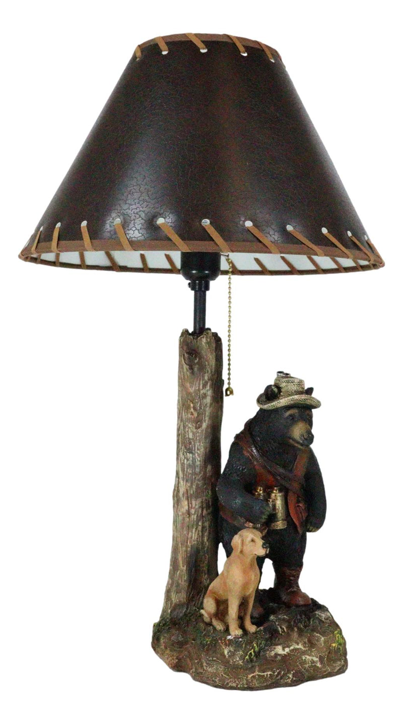 Rustic Forest Hunting Dog And Black Bear With Rifle and Binoculars Table Lamp