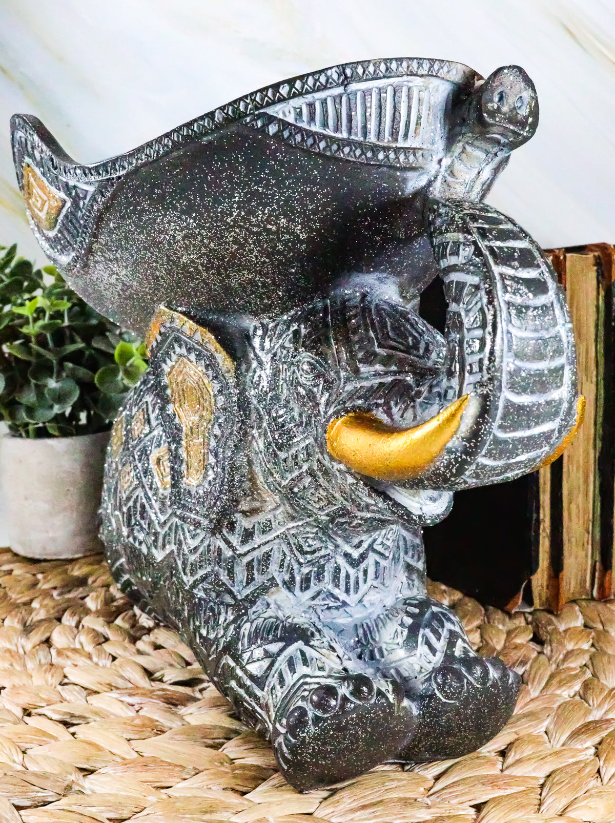Ebros Grey Mosaic Design Elephant Laying Down With Trunk Up Holding Bowl Decor